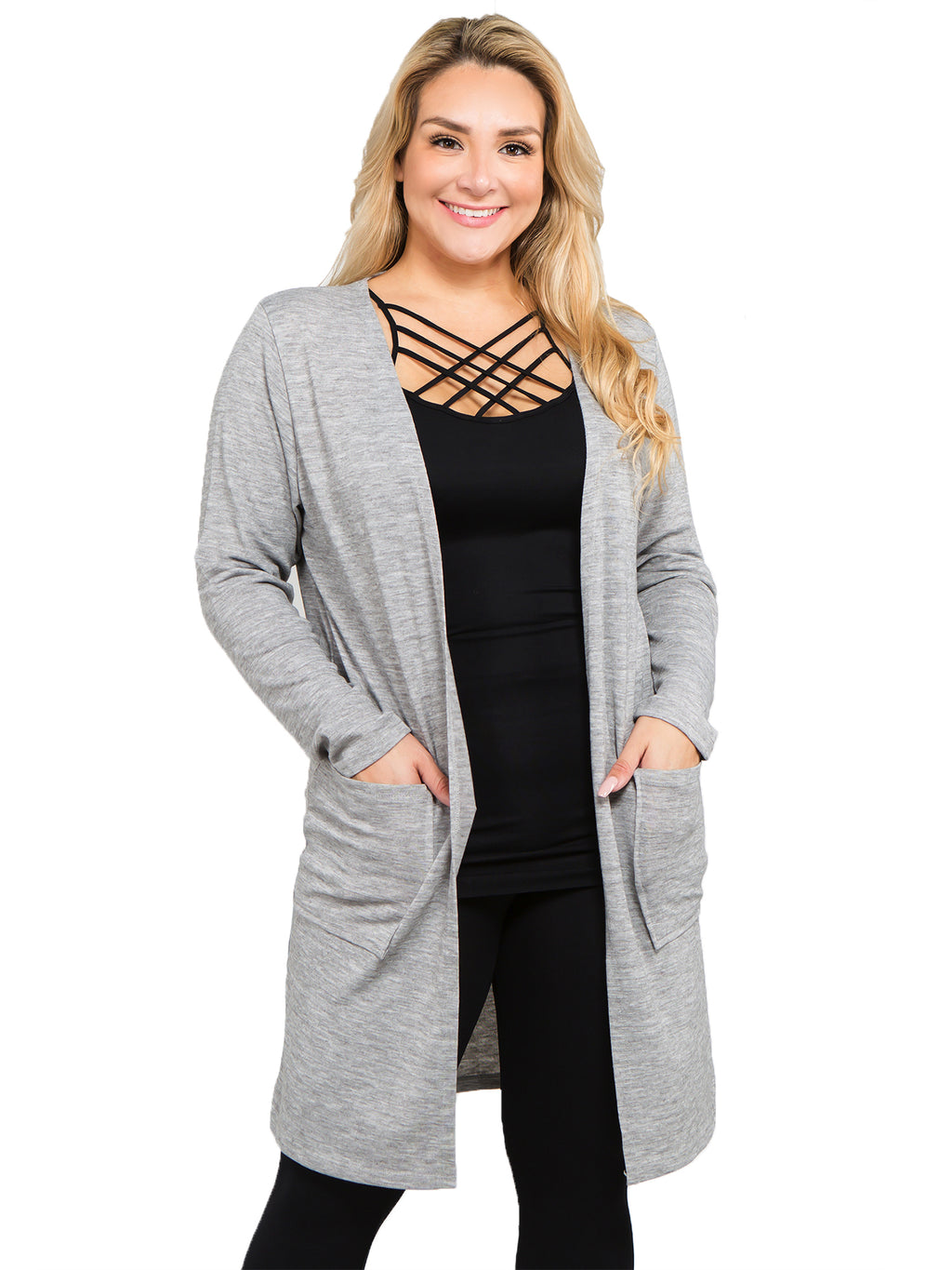 Womens Gray Plus Size Long Sleeve Knit Cardigan