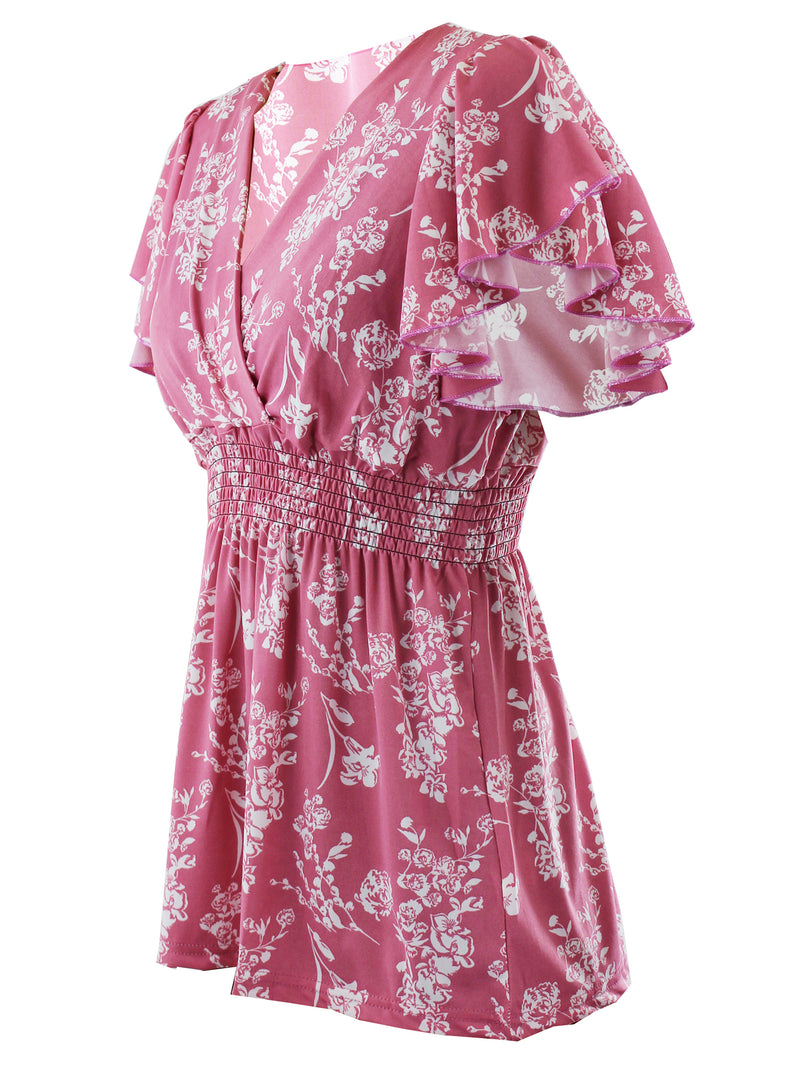 Blush Pink Floral Print Short Sleeve V-Neck Tunic