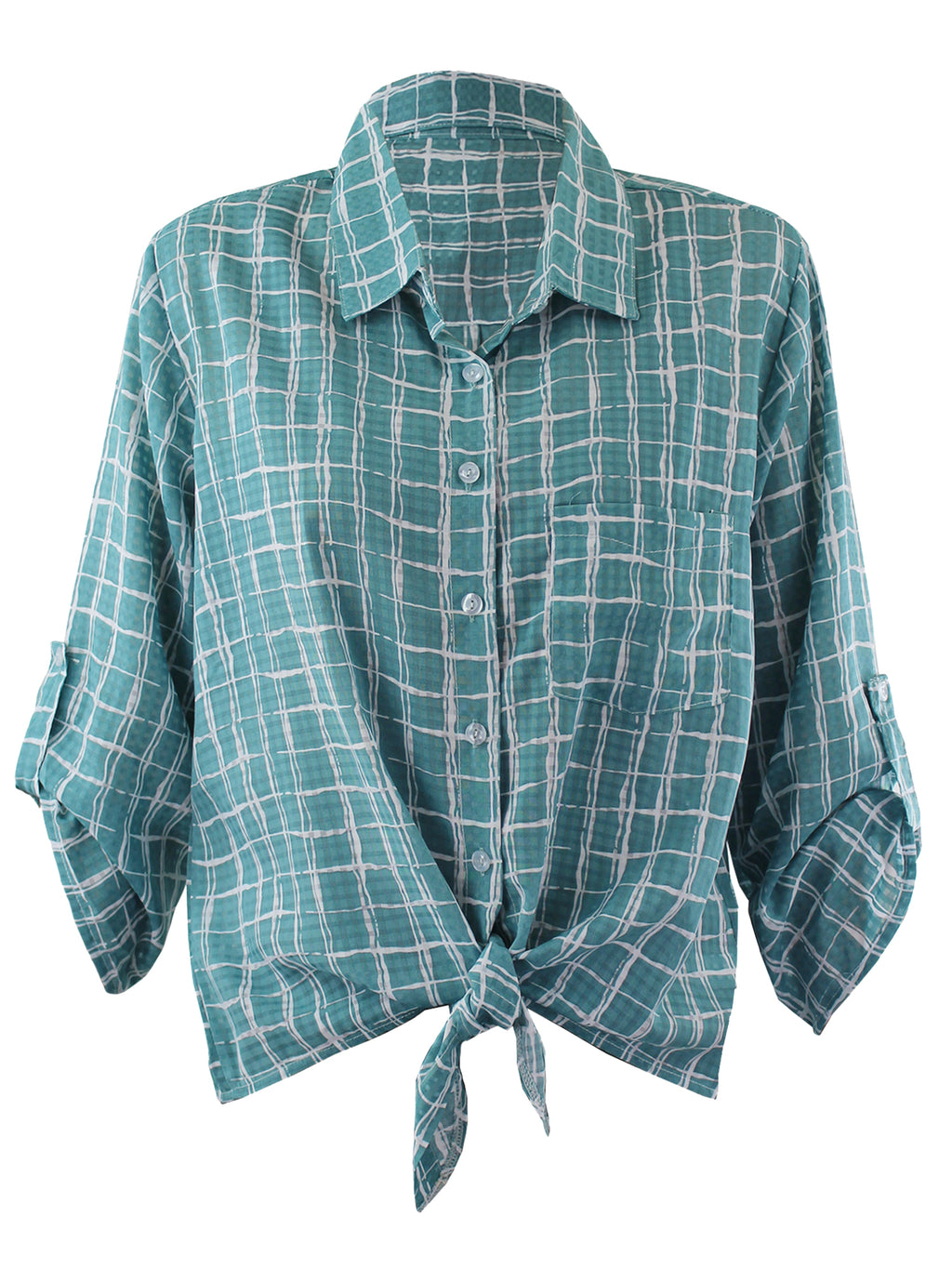 Teal & White Womens Tied Front Button Down Blouse