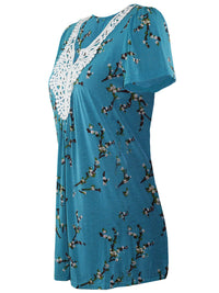 Turquoise Short Sleeve Floral Crochet Trim Tunic