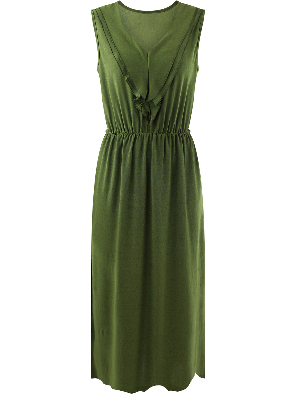 Olive Sleeveless Ruffled Neckline Maxi Dress