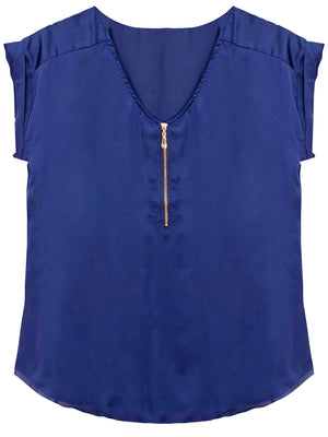 Royal Blue Zipper Front Sleeveless Blouse