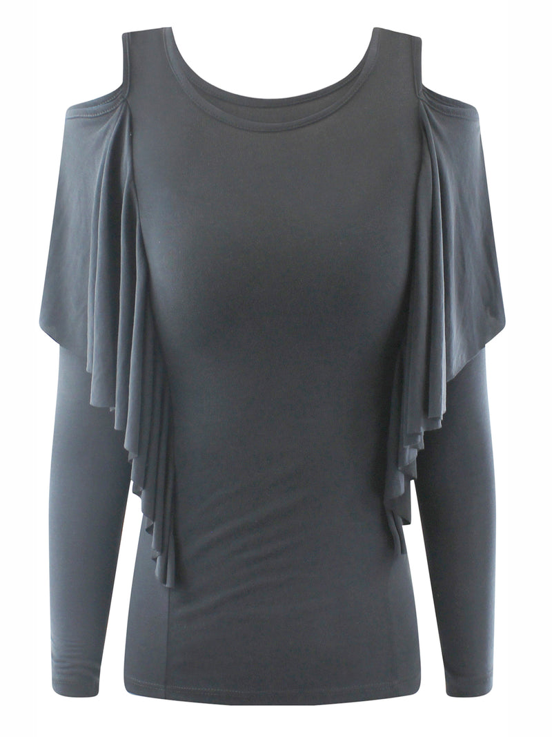 Charcoal Gray Cold Shoulder Sleeve Ruffled Top
