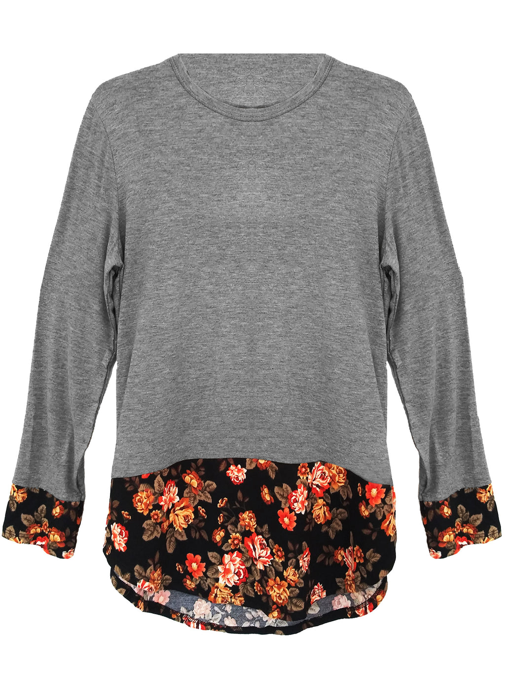 Gray Floral Trimmed Plus Size Long Sleeve Top
