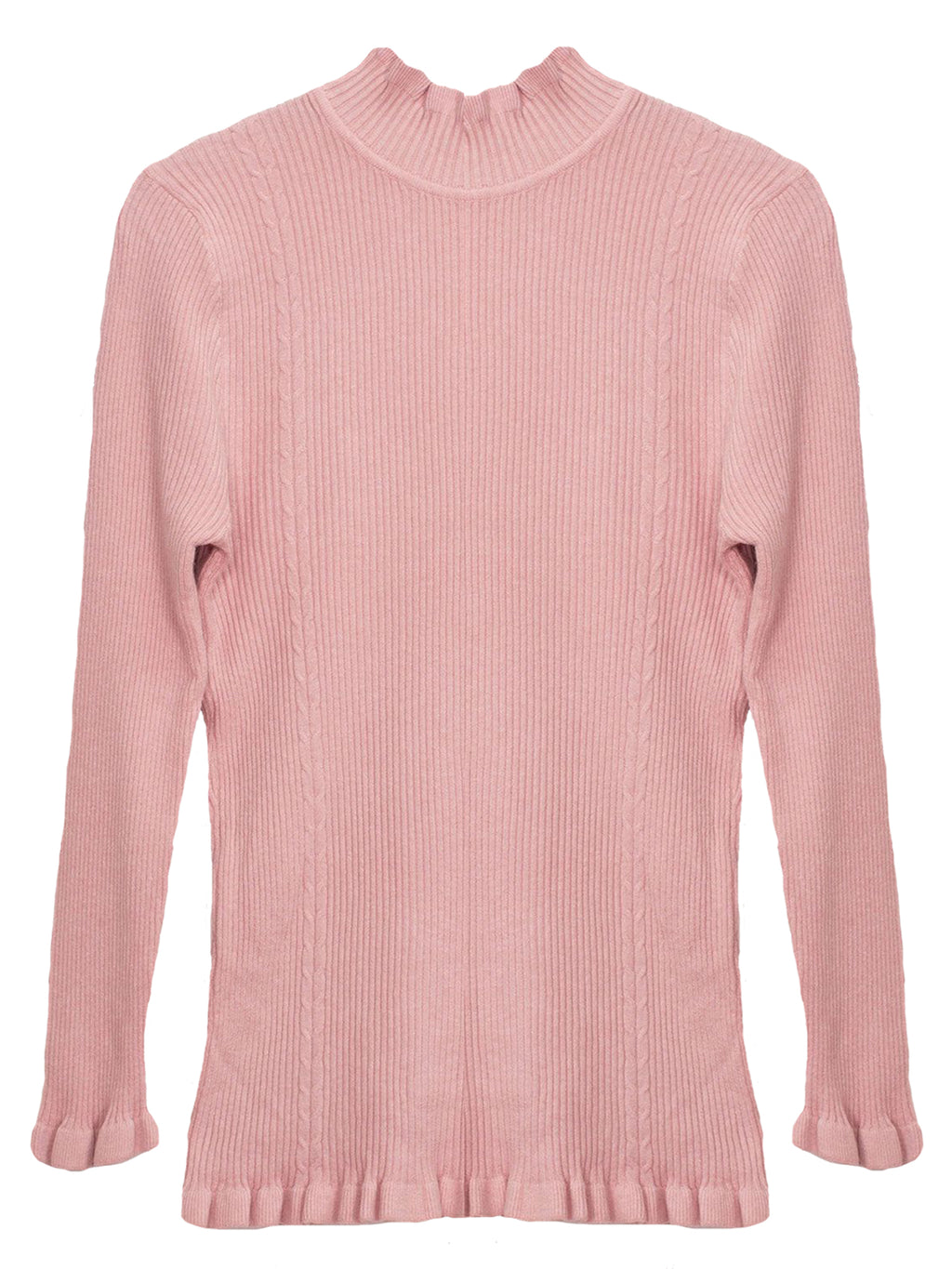 Pale Pink Ribbed Knit Sweater With Ruffle Trim