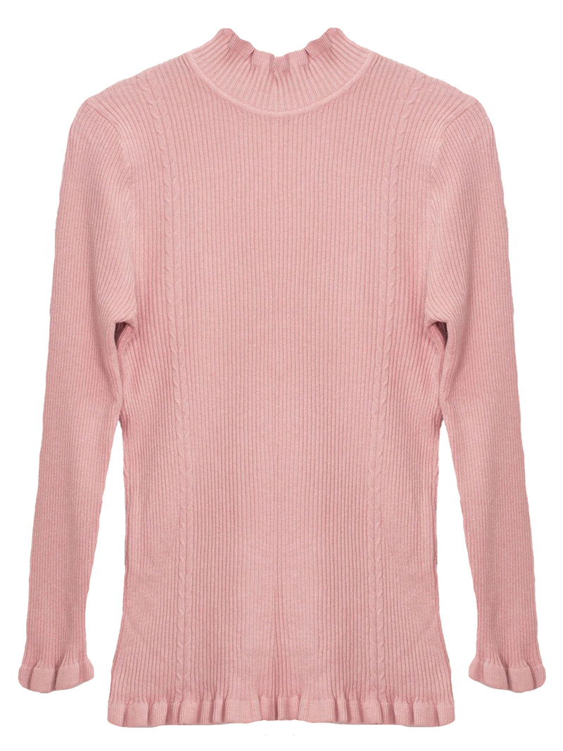 Pale Pink Ribbed Knit Sweater With Ruffle Trim