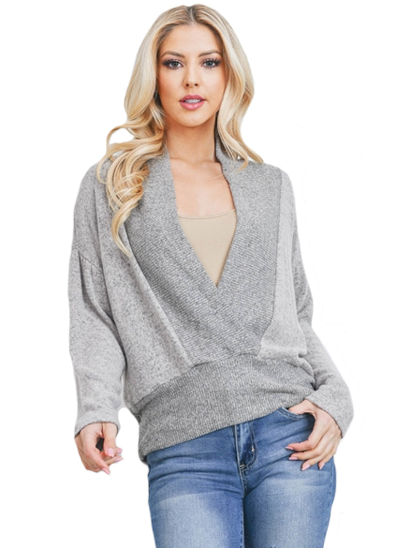 Womens Gray Long Sleeve Drop Shoulder V-Neck Sweater