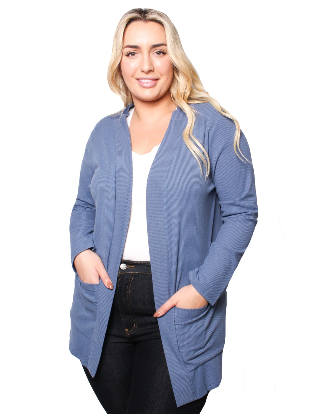 Womens Plus Size Ribbed Long Sleeve Open Cardigan