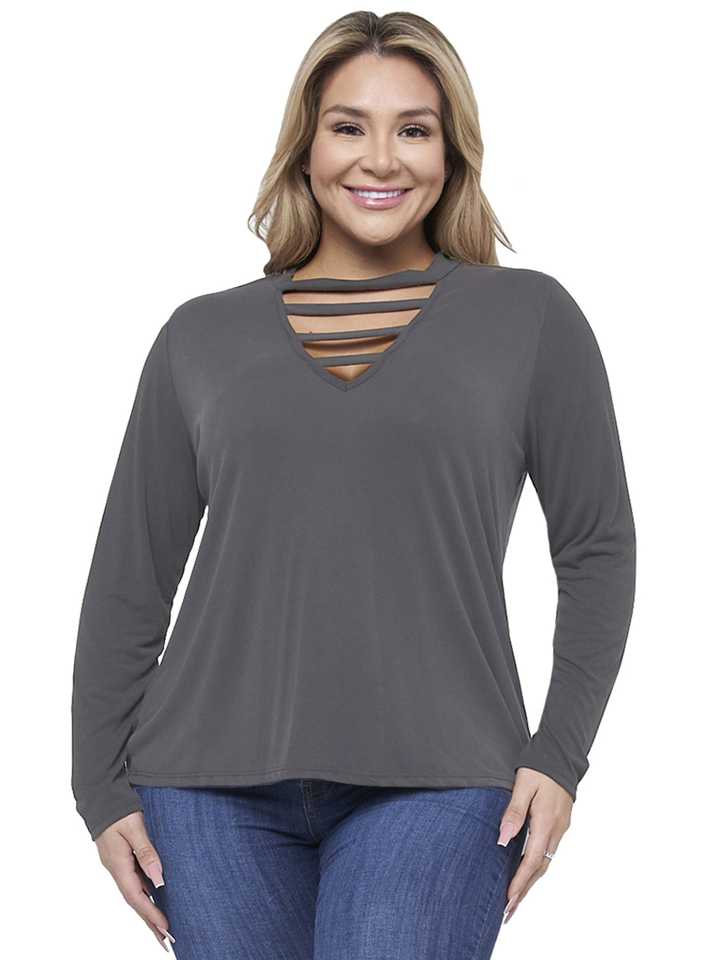 Womens Plus Size Long Sleeve Strappy V-Neck Top