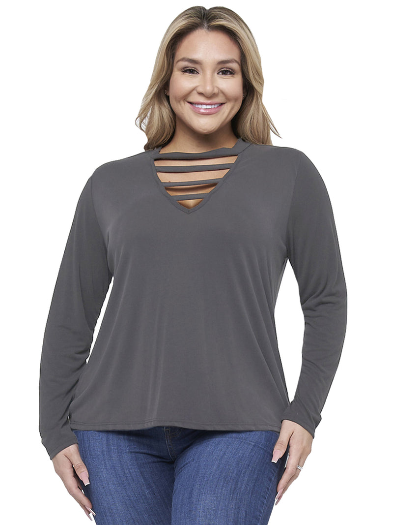 Womens Plus Size Gray Long Sleeve Strappy V-Neck Top