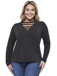 Womens Plus Size Long Sleeve Strappy V-Neck Top