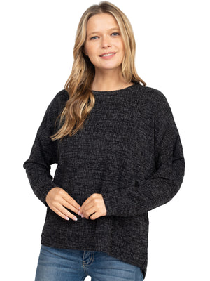 Womens Black Long Sleeve Knit Top With Tie-Backs