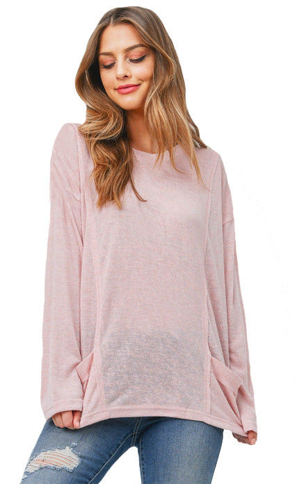 Womens Blush Long Sleeve Drop Shoulder Knit Top With Pockets