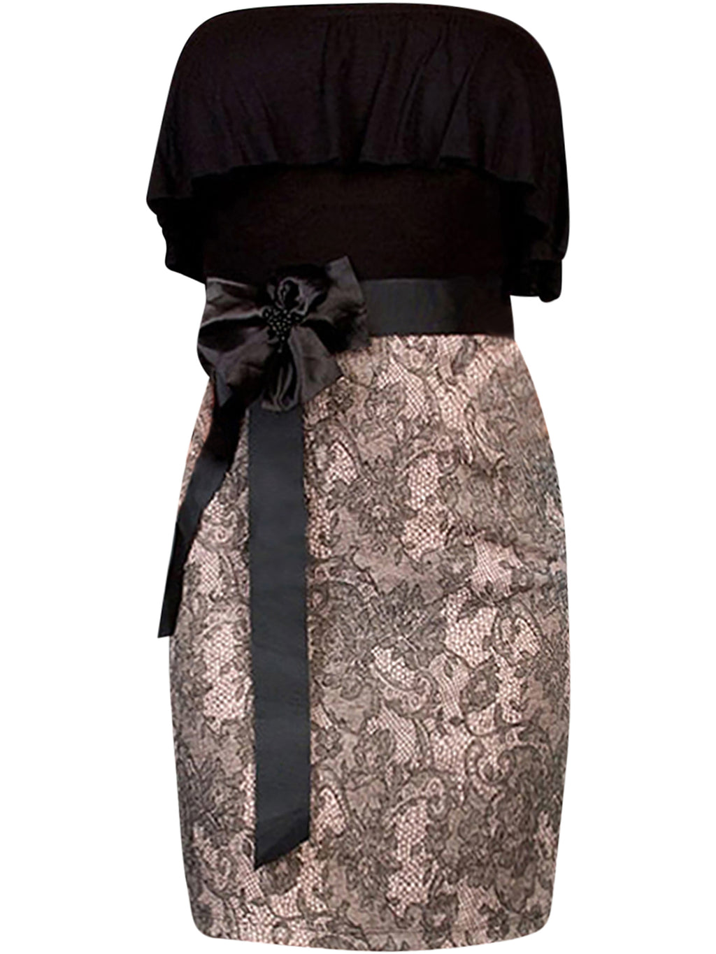 Elegant Black & Nude Floral Lace Strapless Dress