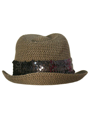 Straw Fedora Hat With Sequin Hat Band