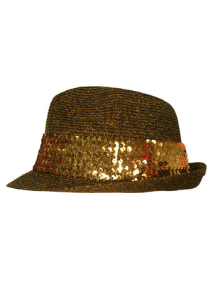 Straw Fedora Hat With Sequin Hat Band
