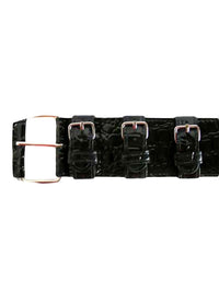 Black Crocodile Textured Belt With Faux Buckle Detail