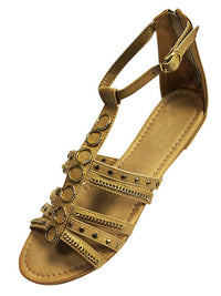 Tan Studded Strappy Womens Sandals With Chain Trim