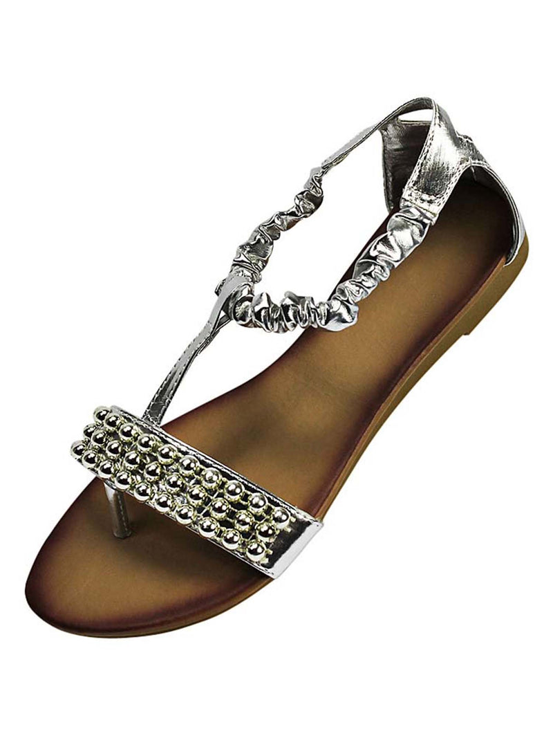 Metallic Bead Trim Thong Flat Womens Sandals