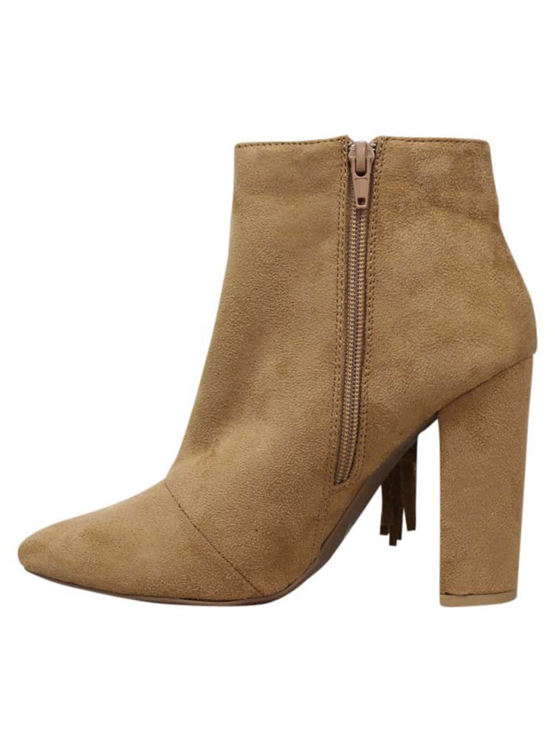 Tan Womens Booties With Stacked Heel & Fringe