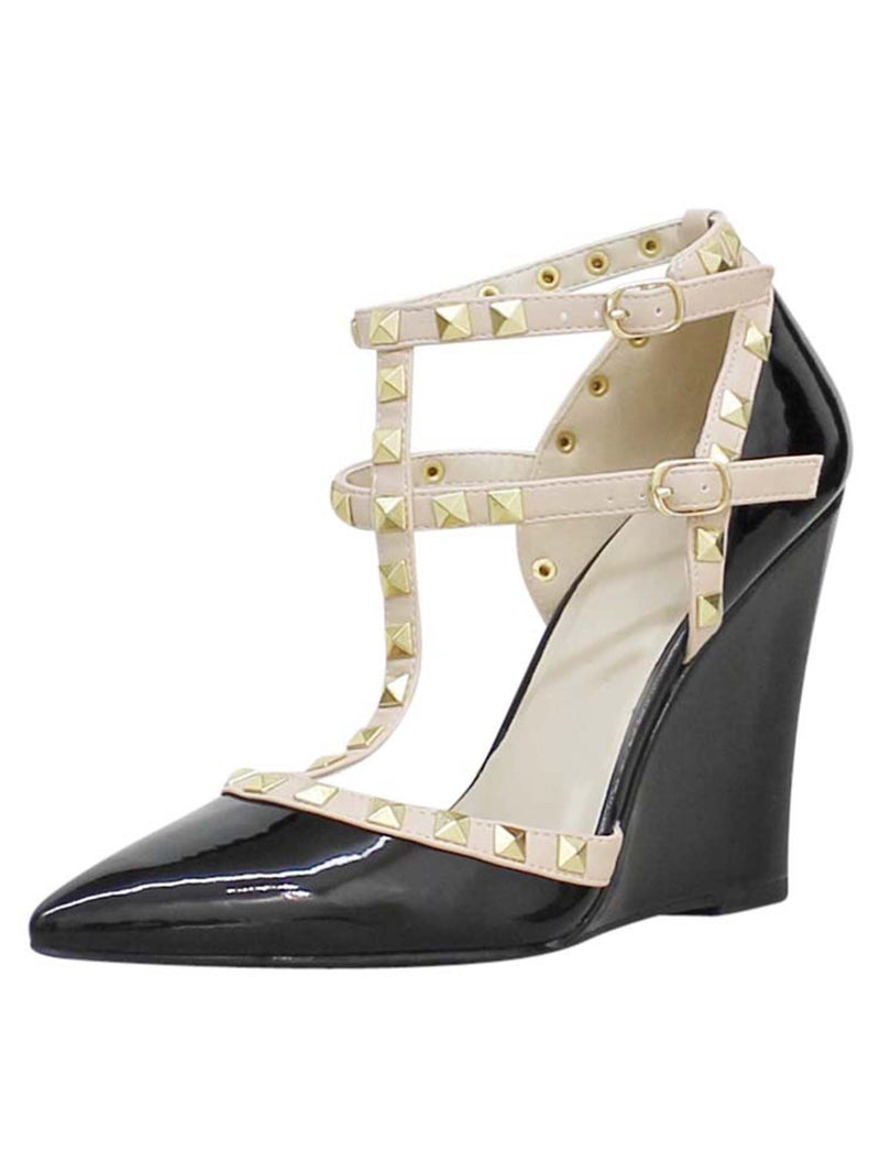 Patent Leather Womens Studded Wedge Pumps With Ankle Strap