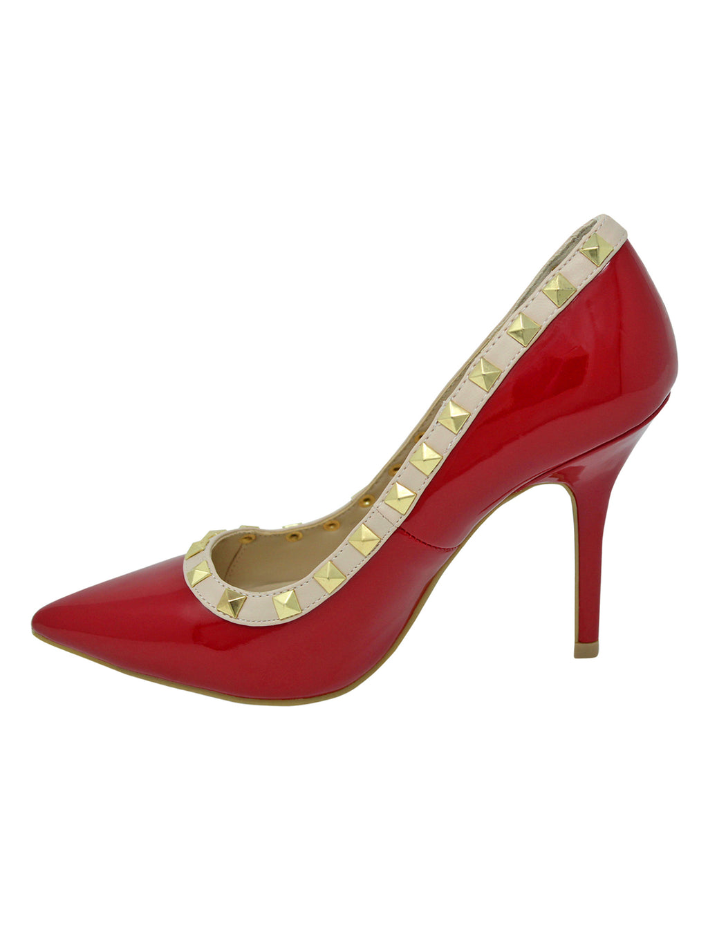 Womens Red Patent Leather Pumps With Gold Studs