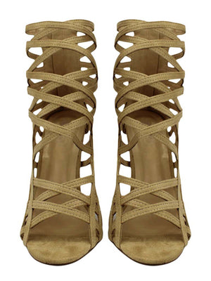 Womens Beige Strappy Caged High Heel Sandal Pumps