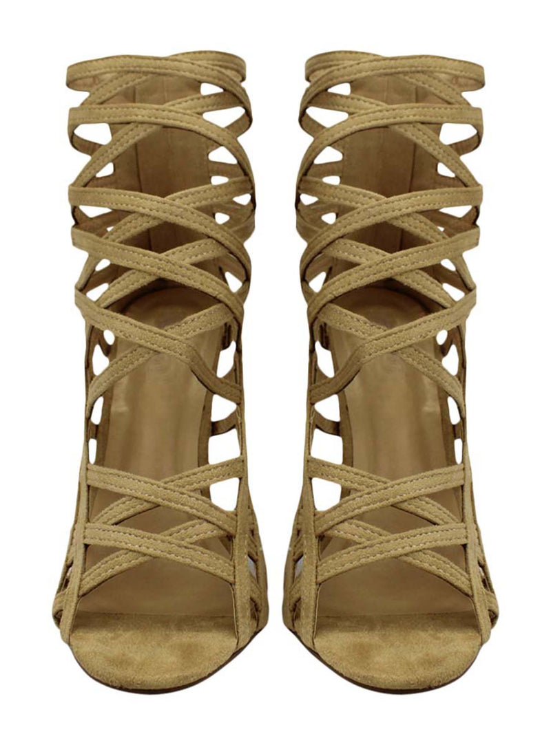 Womens Beige Strappy Caged High Heel Sandal Pumps