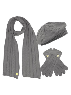 Cable Knit Beret Hat Scarf & Glove Matching 3 Piece Set Set