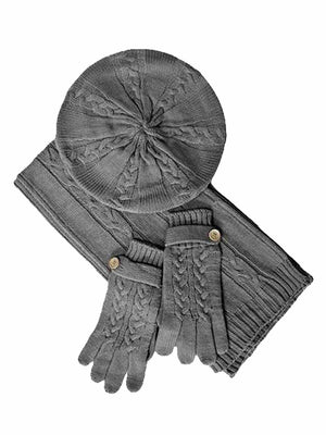 Cable Knit Beret Hat Scarf & Glove Matching 3 Piece Set Set