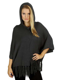Hooded Knit Poncho Sweater With Fringe