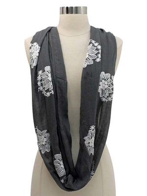 Silky Lightweight Circle Scarf With Floral Embroidery