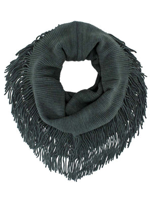 Ribbed Knit Infinity Scarf With Long Fringe