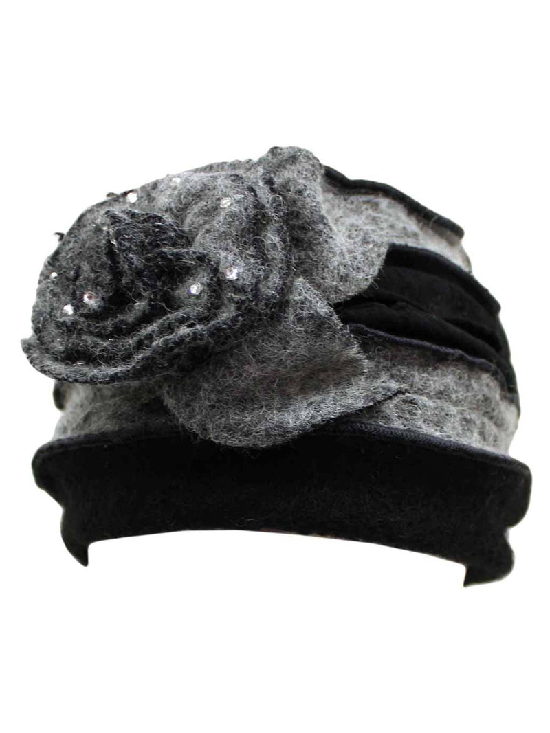 Grey & Black Wool Blend Layered Winter Hat With Flower