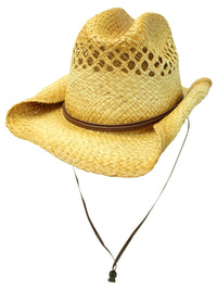 Vented Rocker Style Bended Brim Distressed Straw Cowboy Hat With Chin Cord