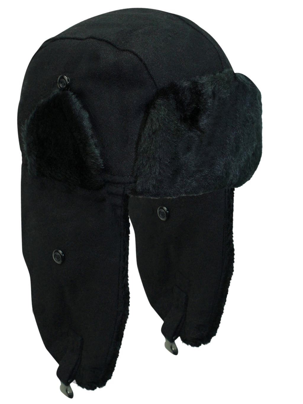 Black Wool Trapper Cap With Faux Fur Trim