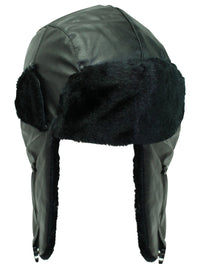 Black Pleather Trapper Hat With Faux Fur Trim