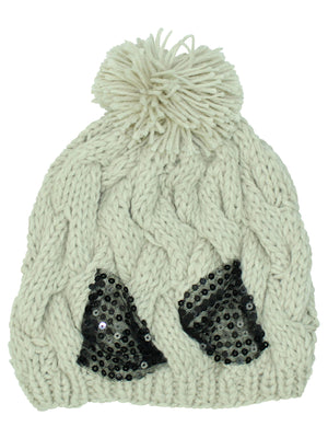 Knit Cable Braid Beanie Cap With Sequin Bow