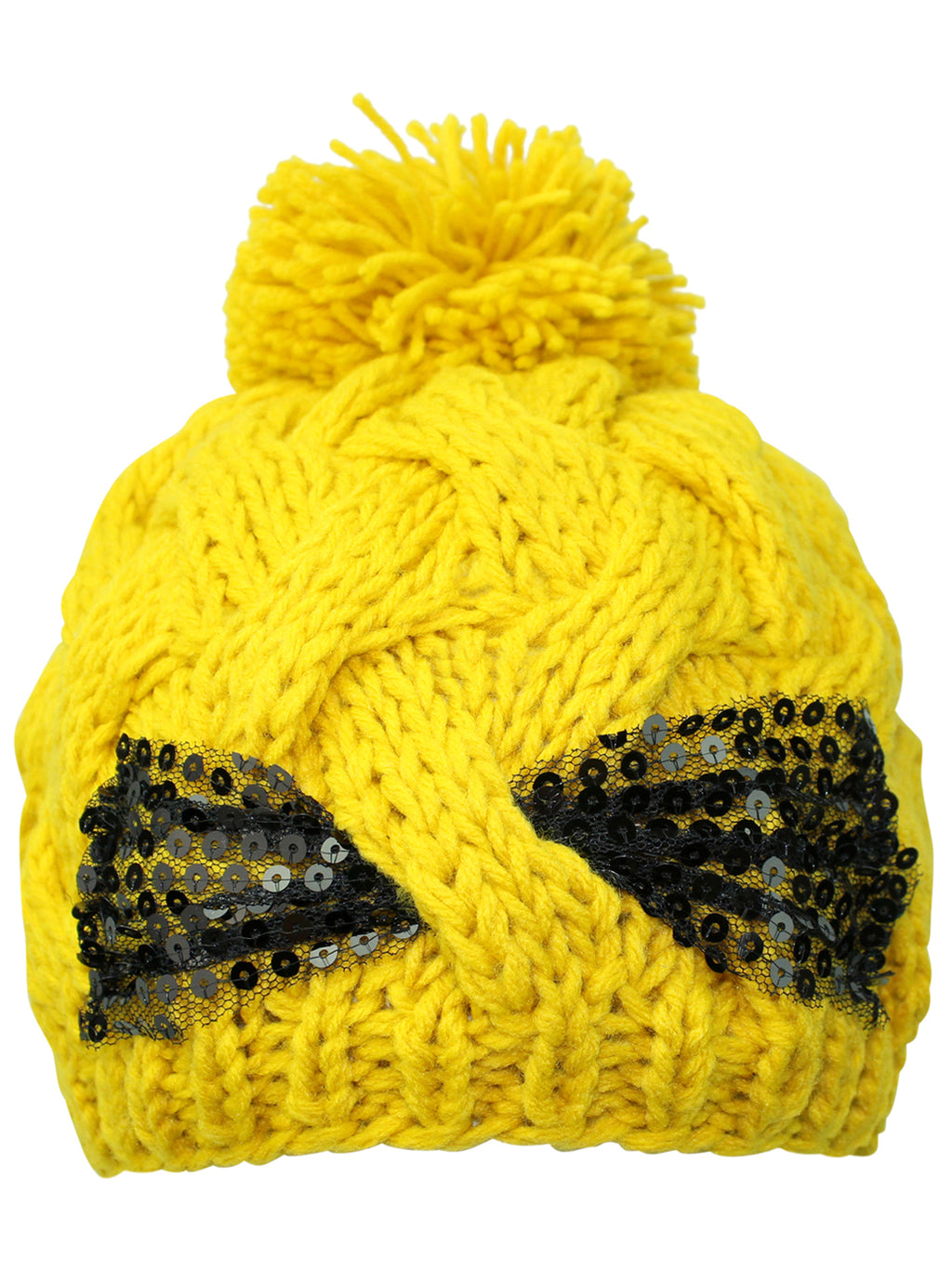 Knit Cable Braid Beanie Cap With Sequin Bow