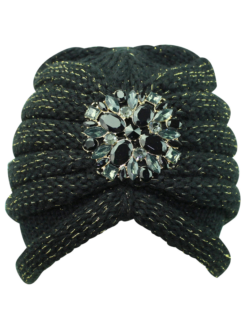 Knit Turban With Beaded Broach