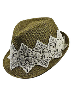 Olive Woven Straw Fedora Hat With White Lace Band