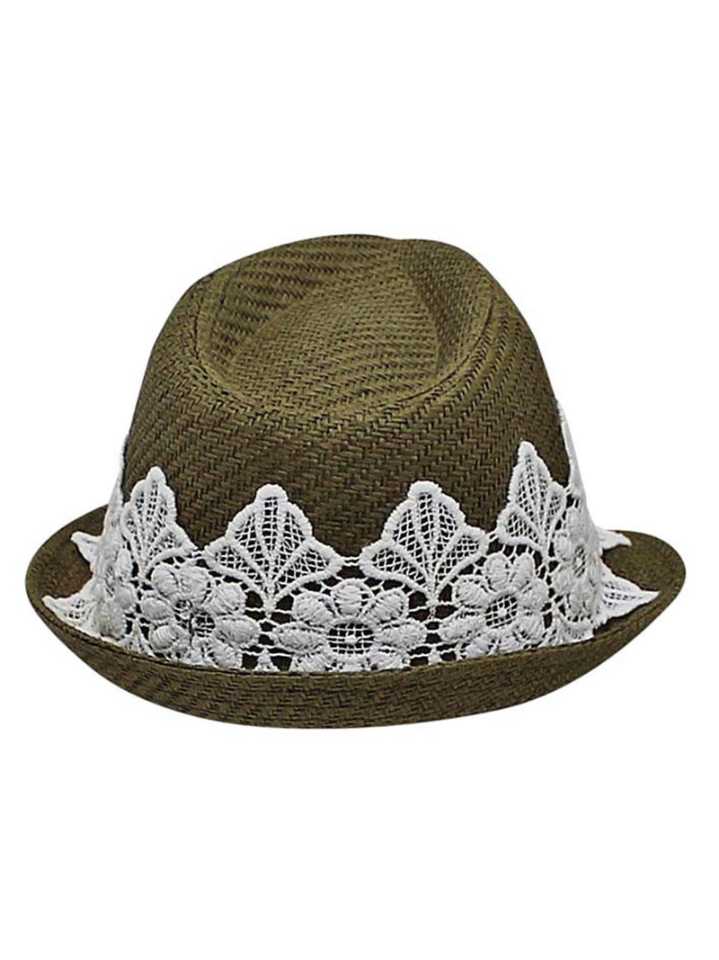 Olive Woven Straw Fedora Hat With White Lace Band