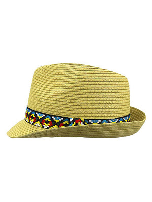 Woven Straw Fedora Hat With Aztec Band