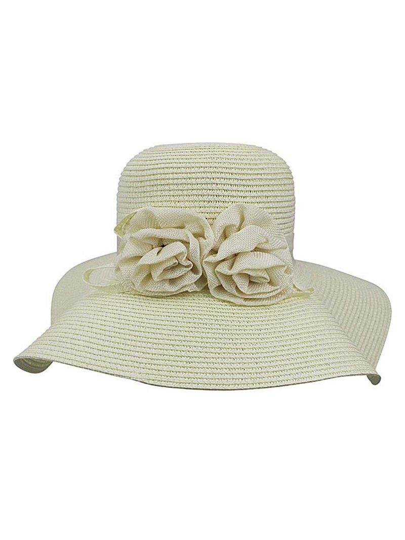 Ivory White Floppy Hat With Floral Rosette Trim