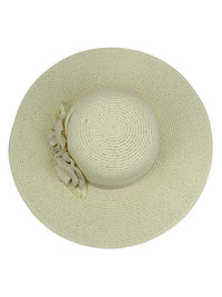 Ivory White Floppy Hat With Floral Rosette Trim