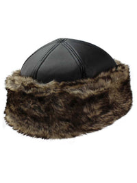 Black Faux Leather & Faux Fur Trim Russian Hat With Quilted Lining