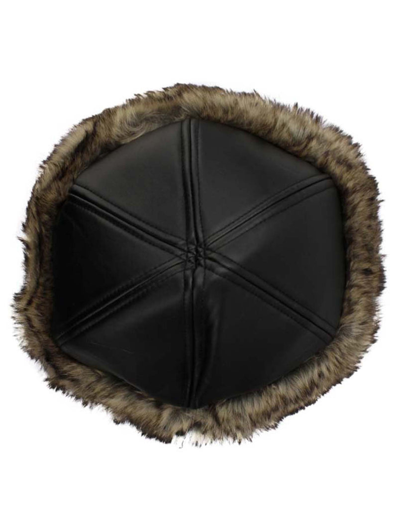 Black Faux Leather & Faux Fur Trim Russian Hat With Quilted Lining