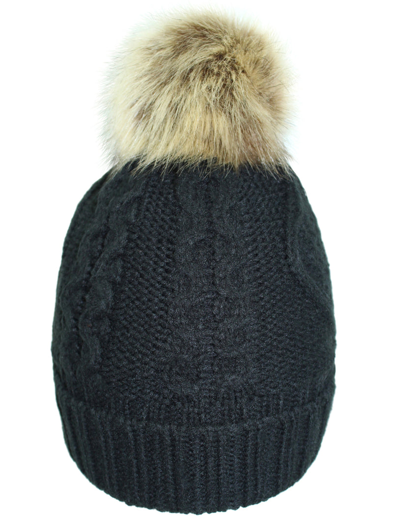 Chunky Cable Knit Beanie Hat With Pom Pom & Fleece Lining