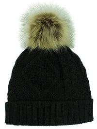 Chunky Cable Knit Beanie Hat With Pom Pom & Fleece Lining