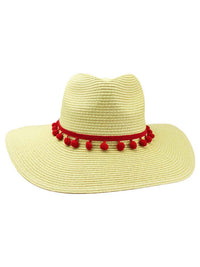 Straw Panama Style Sun Hat With Pom-Pom Trim